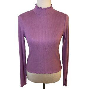 American Eagle Women's Mauve Ribbed Mock Neck Long Sleeve Lettuce Edge Size M